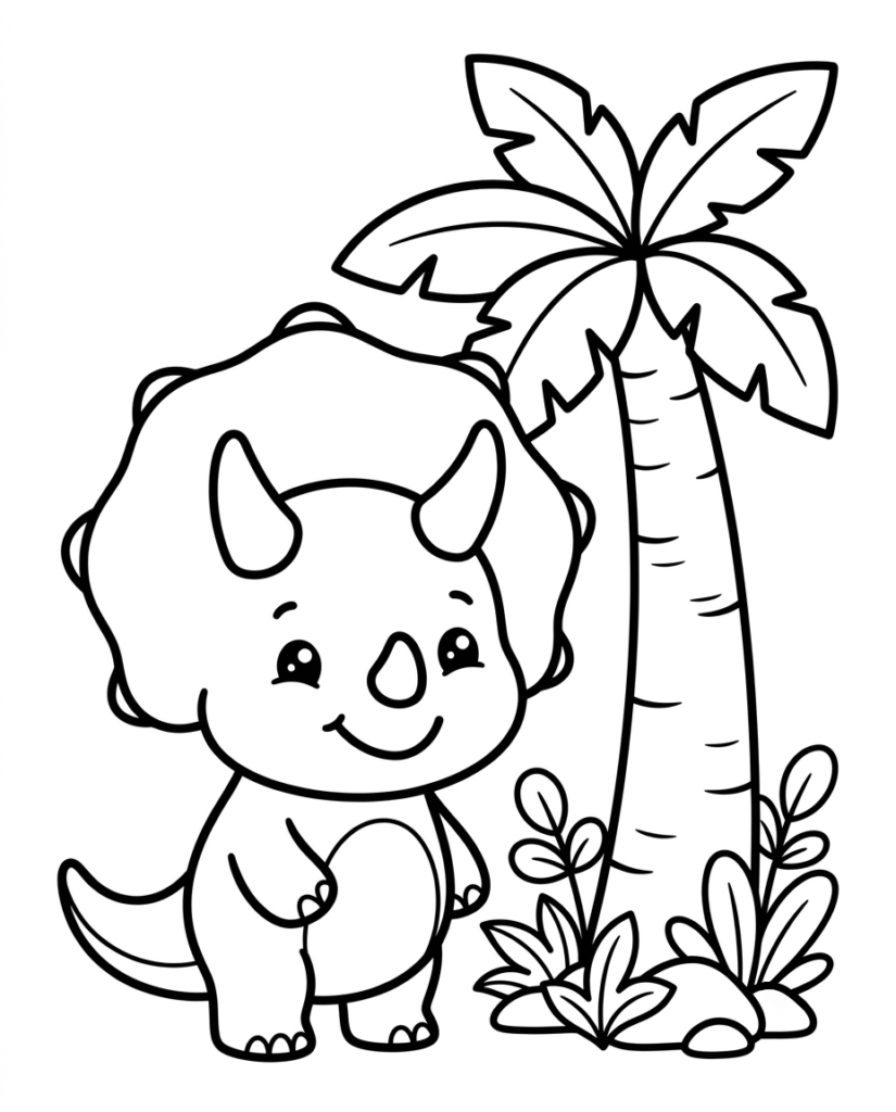 Baby Triceratops coloring page with a dinosaur standing beside a palm tree