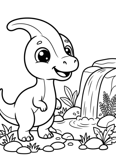 Baby Parasaurolophus by the Waterfall