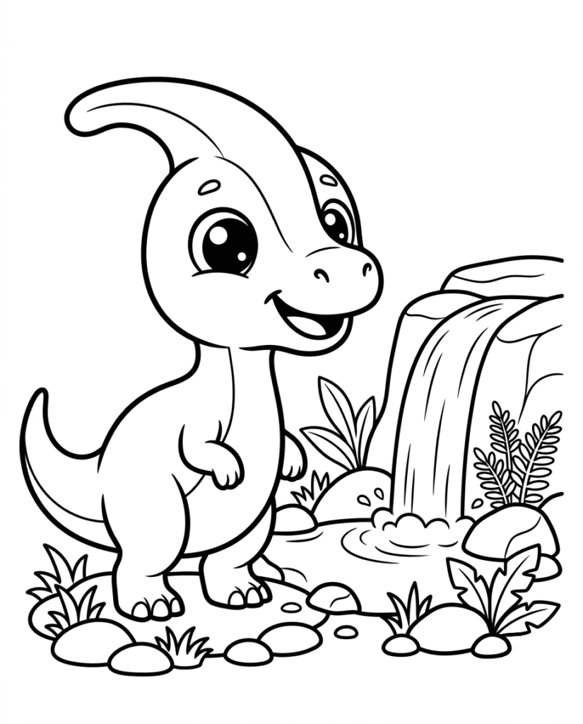 Baby Parasaurolophus coloring page with a crested dinosaur beside a waterfall