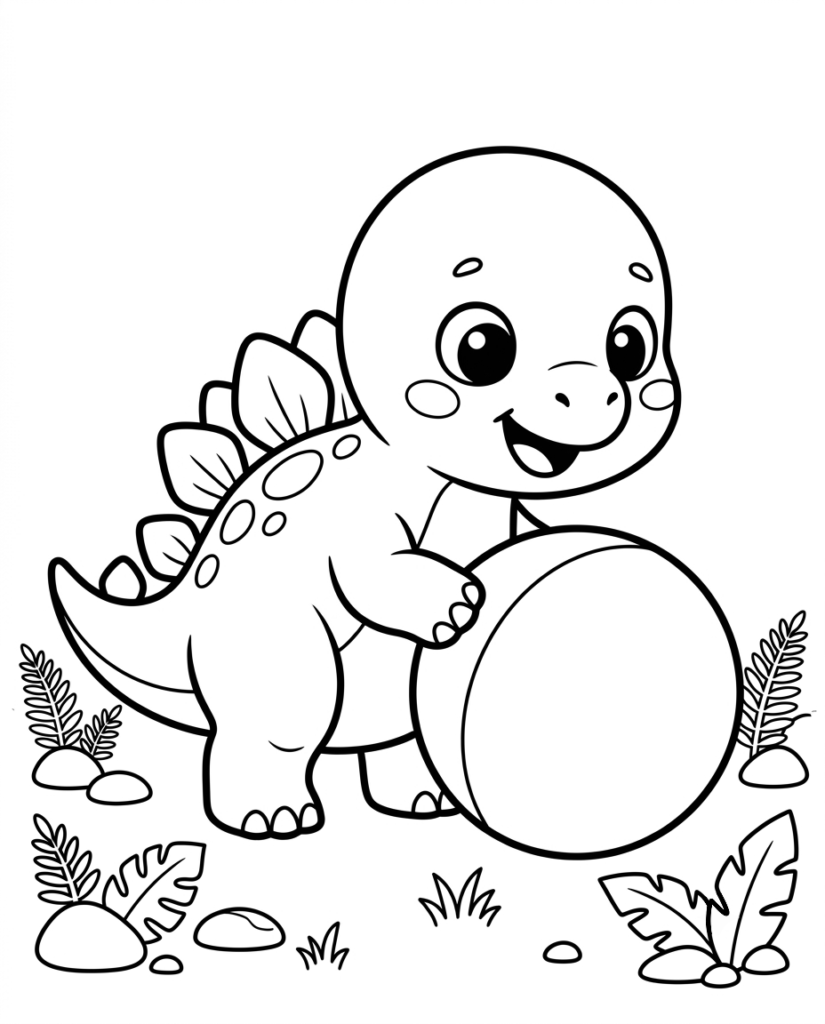 Baby Stegosaurus coloring page with a dinosaur playing with a ball