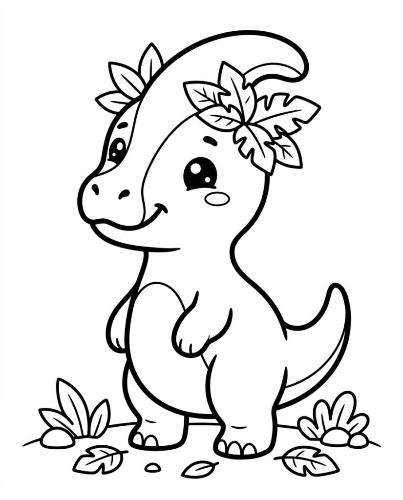 Baby dinosaur coloring page with a dinosaur wearing a leaf like a hat