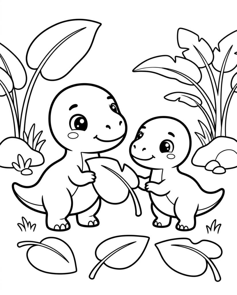 Two baby dinosaurs coloring page with two dinosaurs playing among jungle plants