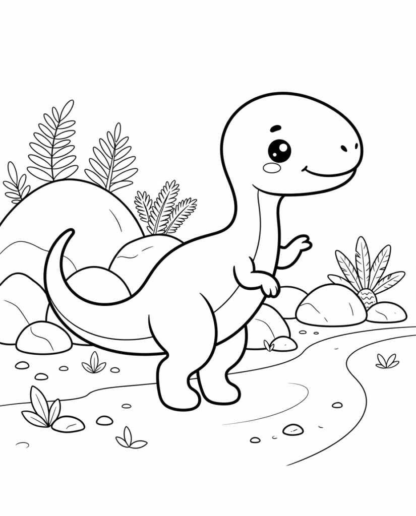 Baby long-neck dinosaur coloring page with a dinosaur standing near a rocky stream