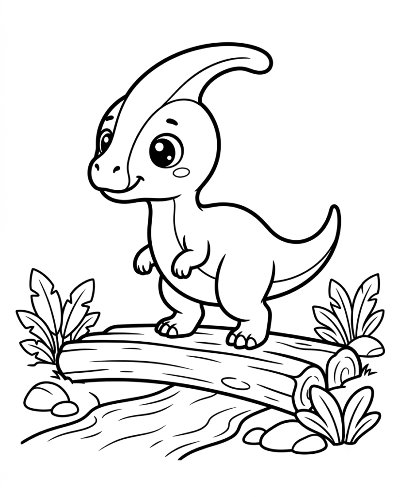 Baby Parasaurolophus dinosaur coloring page with a crested dinosaur on a log bridge