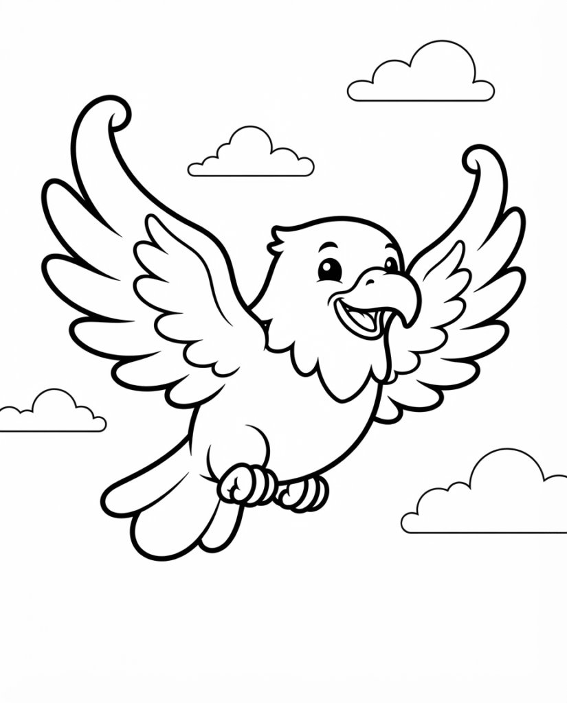 Eagle coloring page with an eagle flying with its wings spread wide