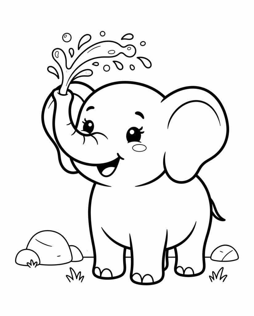 Elephant coloring page with a baby elephant spraying water from its trunk
