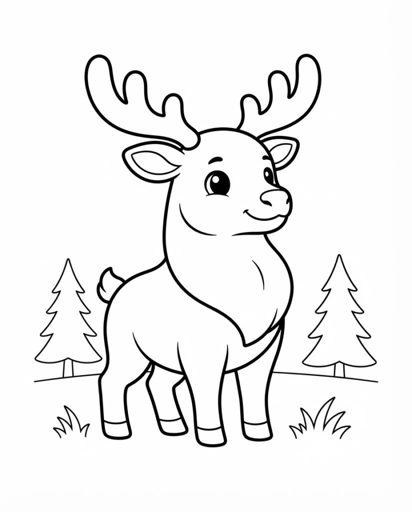 Elk coloring page with an elk standing among pine trees