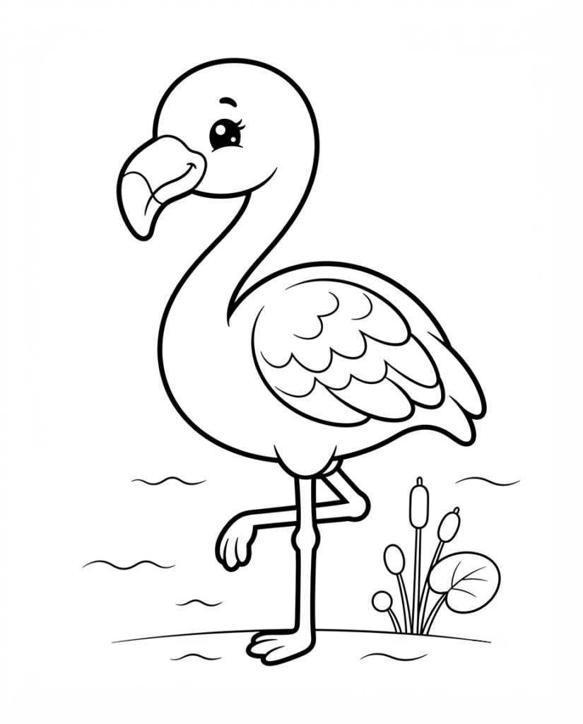 Flamingo coloring page with a flamingo standing on one leg in the water