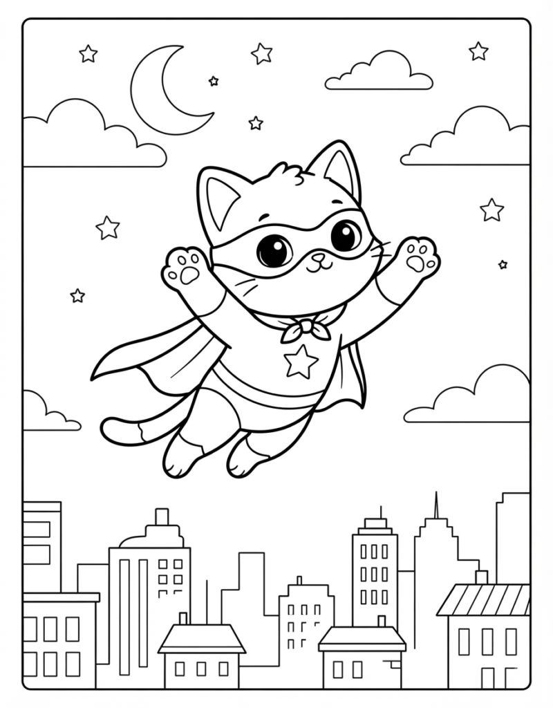 Coloring page of a superhero kitten wearing a mask and cape flying over a city skyline at night under a crescent moon and stars