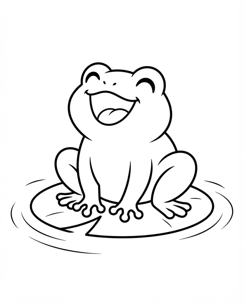 Frog coloring page with a frog sitting on a lily pad in the water