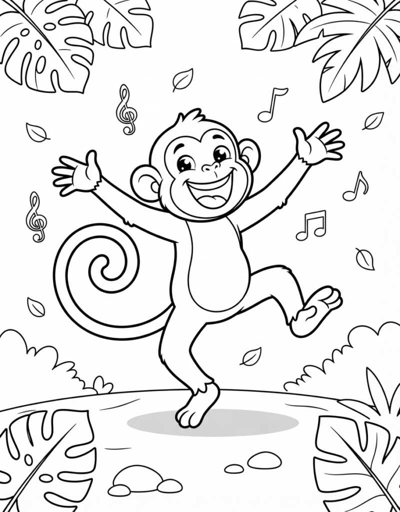 Coloring page of a monkey dancing energetically with arms raised, musical notes and a treble clef floating around it, jungle leaves in the background