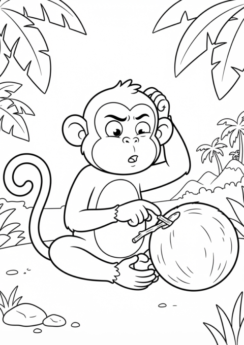 Funny Monkey With Coconut Coloring Page