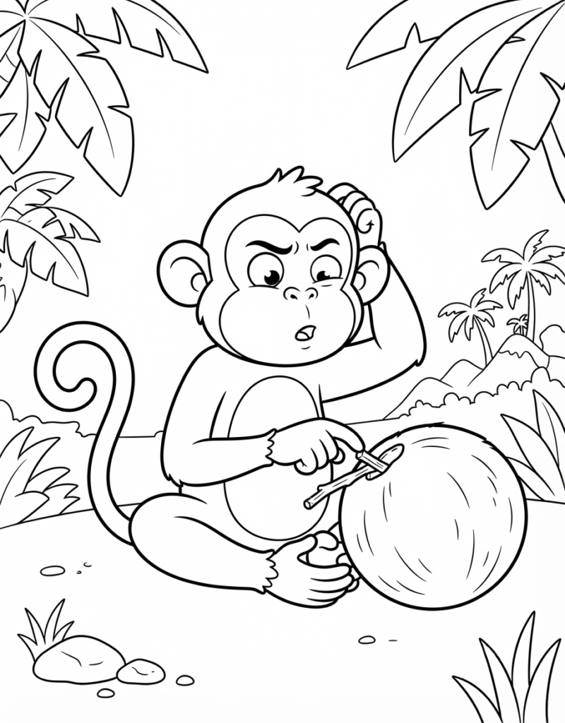 Coloring page of a puzzled monkey scratching its head while trying to crack open a large coconut with a small tool