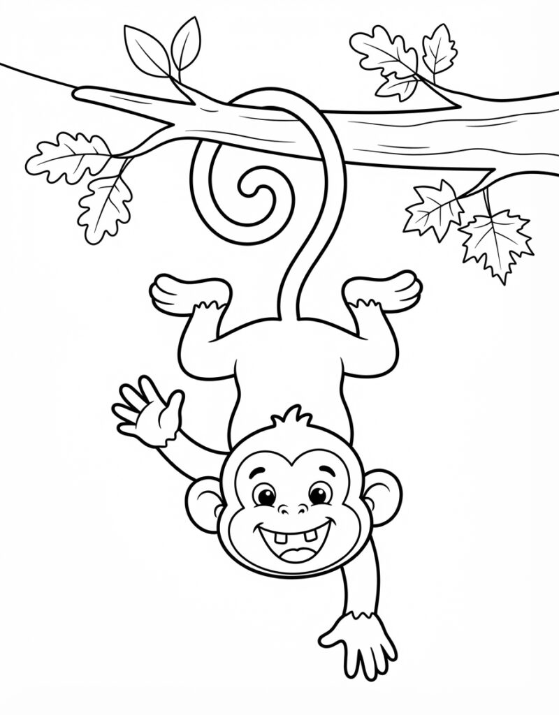 Coloring page of a monkey hanging upside down from a tree branch by its tail, waving with a big open-mouthed smile