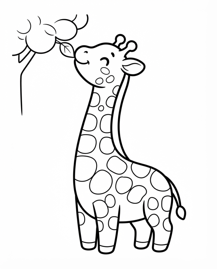 Giraffe coloring page with a giraffe reaching up to nibble leaves from a tree