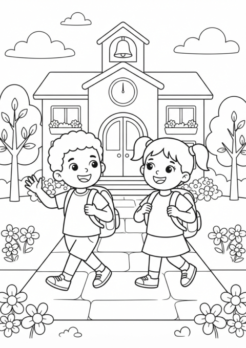 Happy Kids Going to School Coloring Page