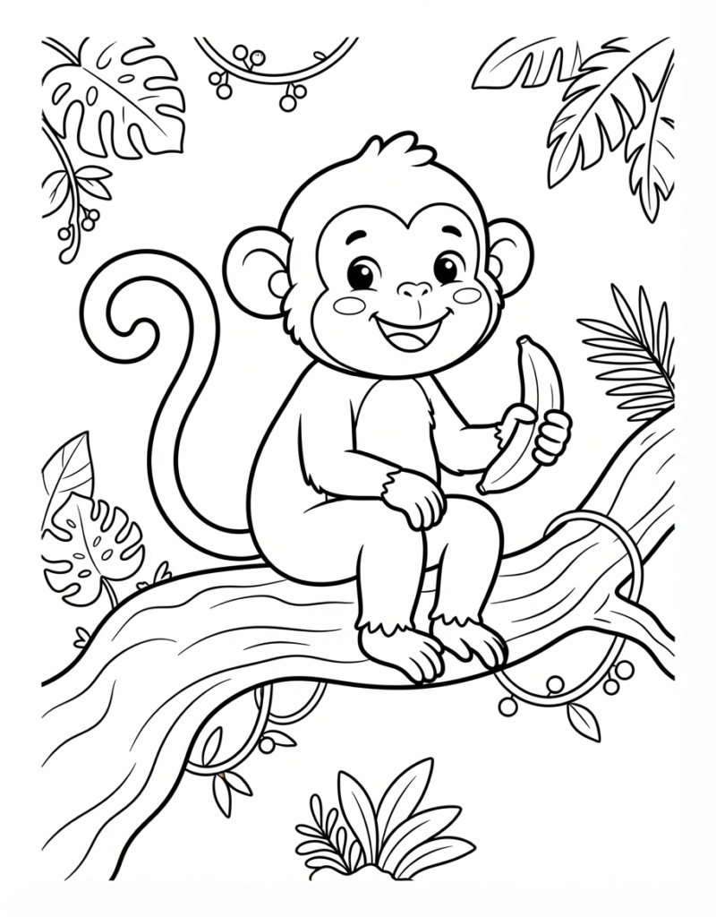 Coloring page of a content, smiling monkey sitting on a tree branch holding a banana, with berry clusters and jungle leaves nearby