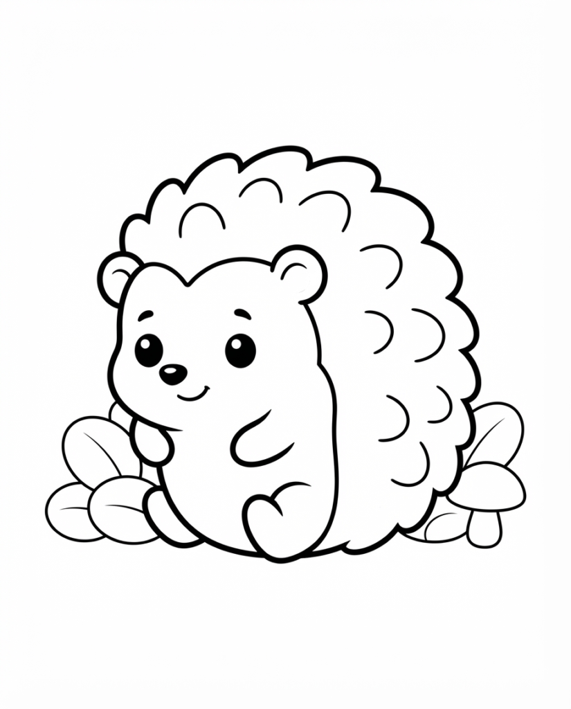 Hedgehog coloring page with a round spiky hedgehog among bushes