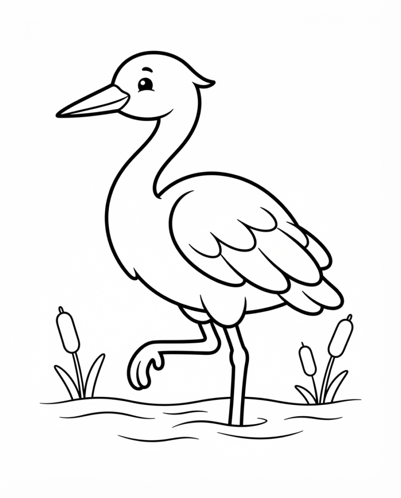 Heron coloring page with a heron standing tall among the reeds