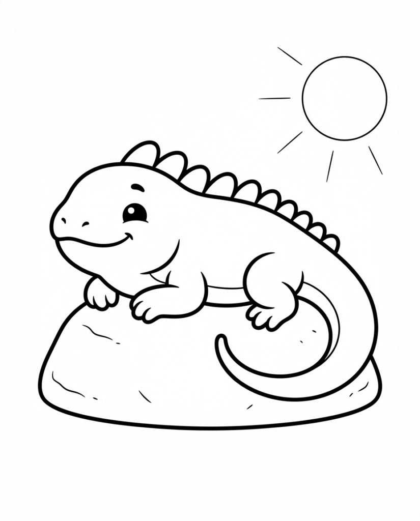 Iguana coloring page with an iguana perched on a rock in the sun