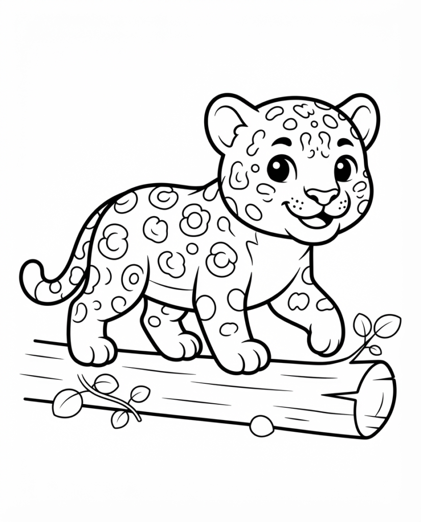 Jaguar coloring page with a jaguar standing confidently on a log