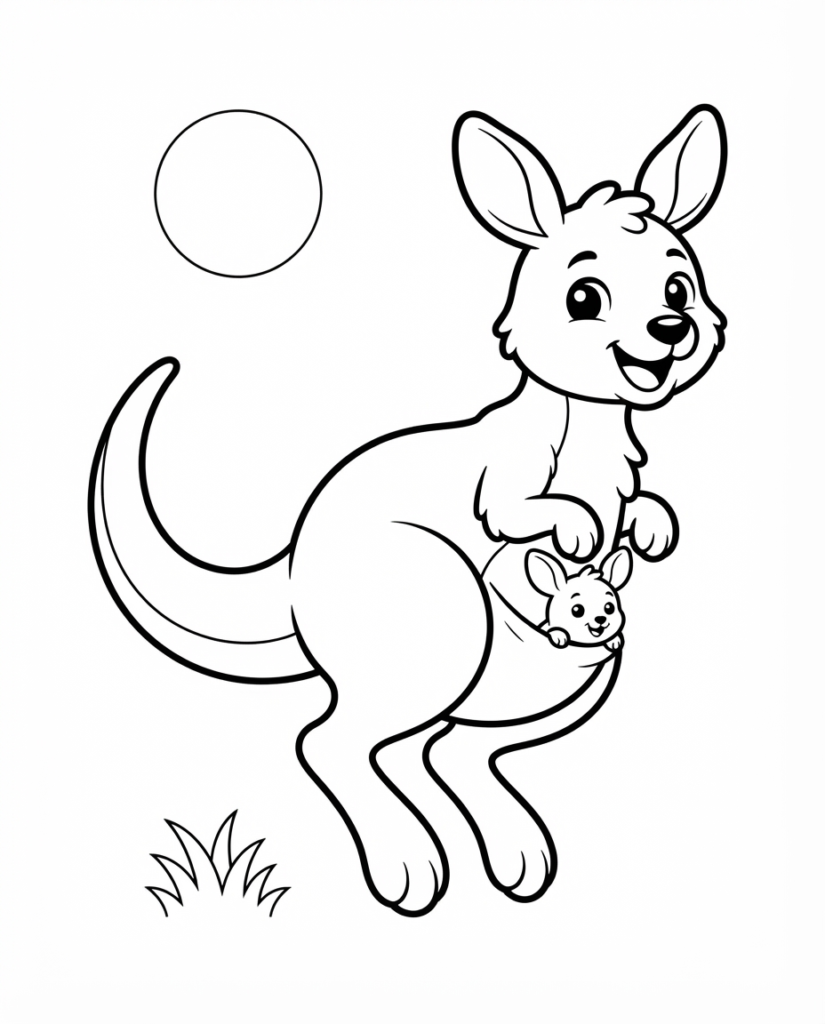 Kangaroo coloring page with a mother kangaroo and joey peeking from her pouch