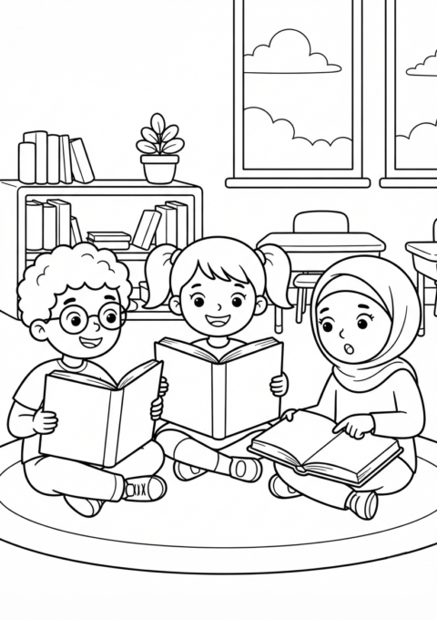 Kids Reading in Classroom Coloring Page