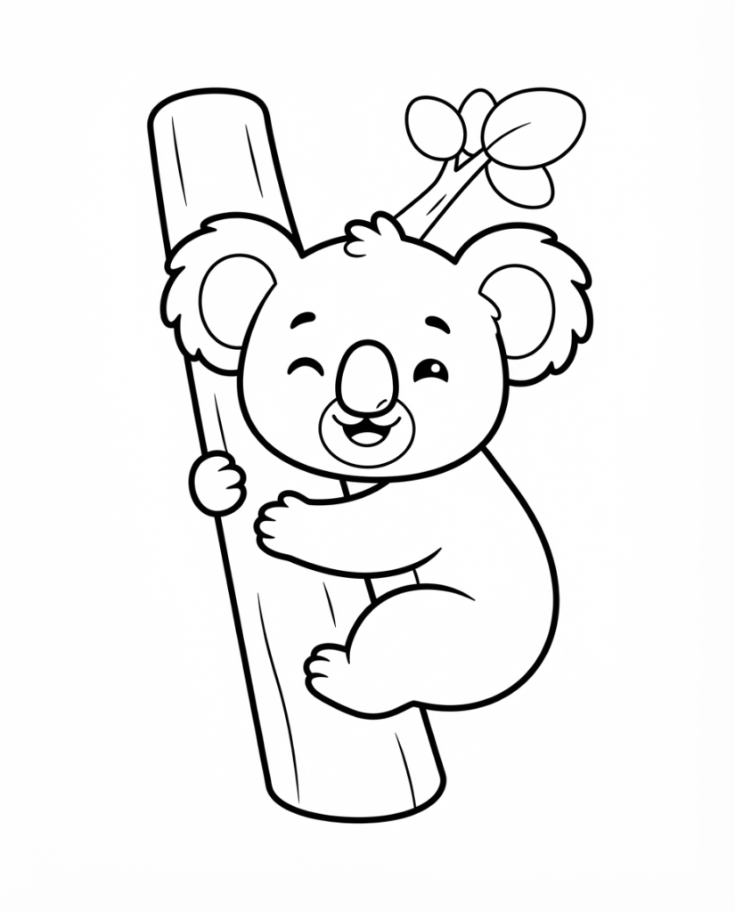 Koala coloring page with a koala climbing a tree trunk near eucalyptus leaves