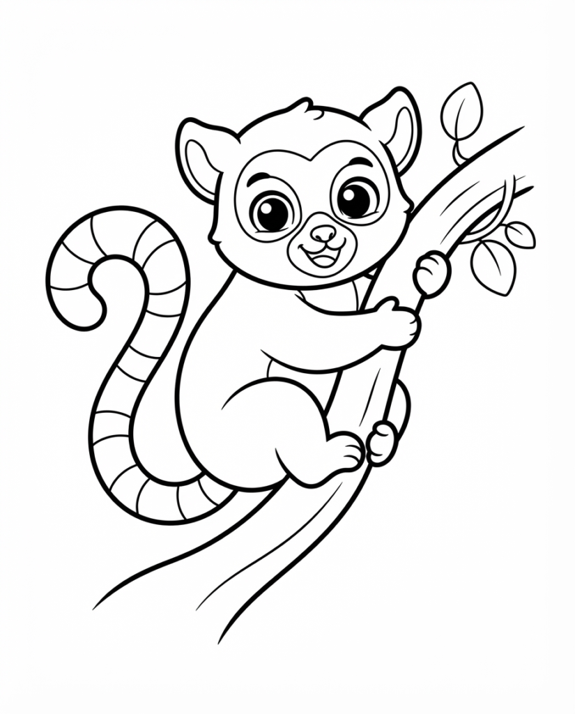 Lemur coloring page with a lemur perched on a branch gripping a twig