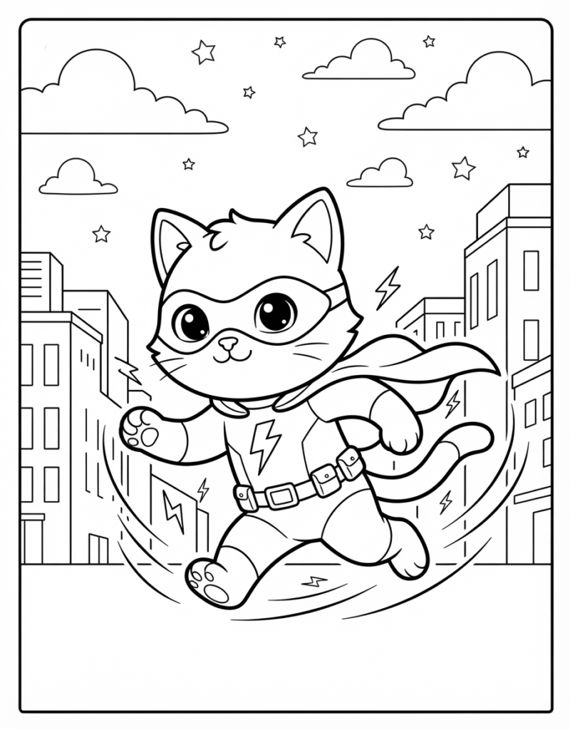 Coloring page of a superhero kitten running fast with motion swirl lines, a lightning bolt emblem, and a city skyline behind it