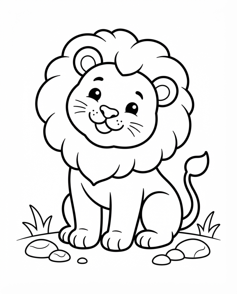 Lion coloring page with a young lion cub sitting among rocks