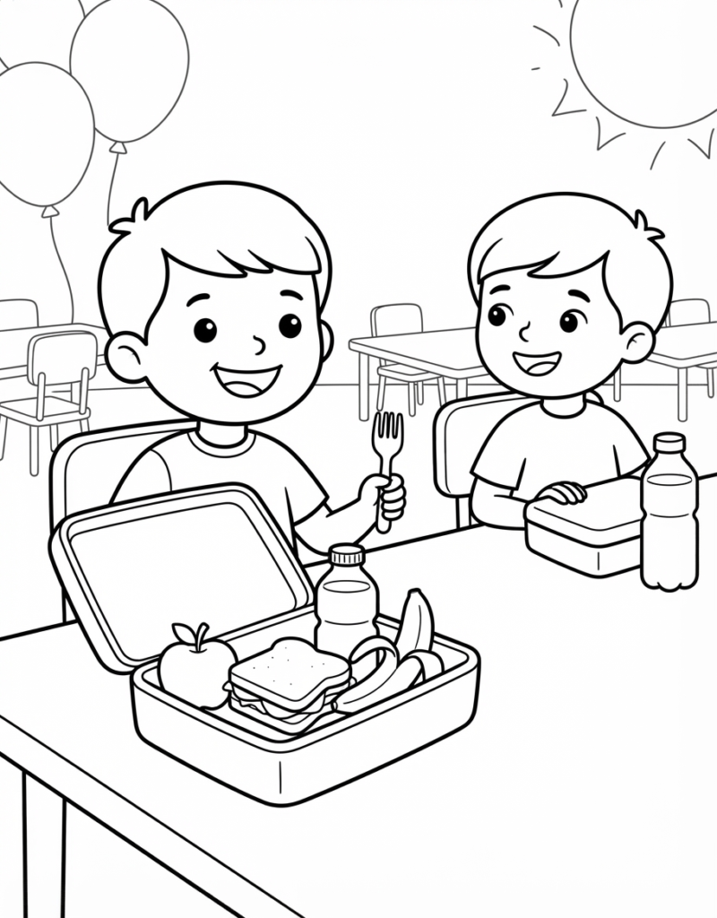 Coloring page of two boys eating lunch at school, one with an open lunchbox containing a sandwich, apple, banana slices, and a water bottle
