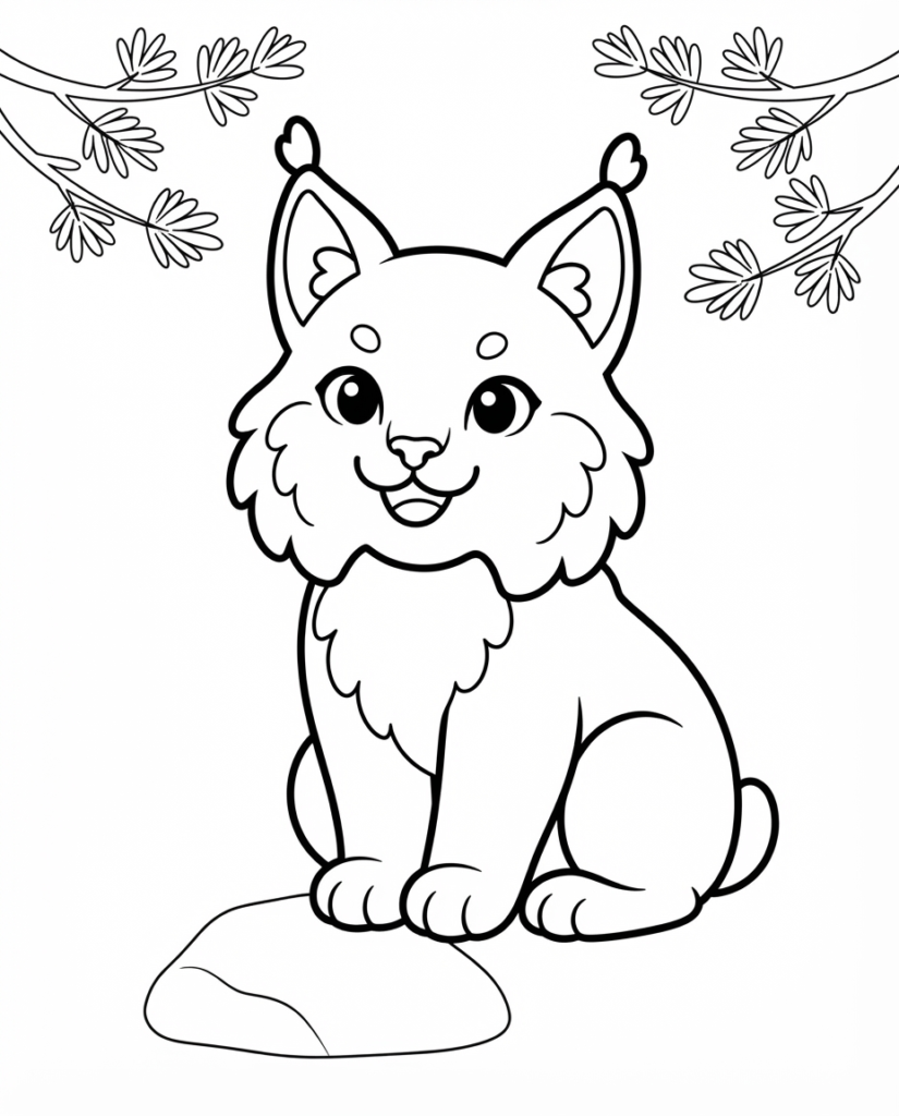 Lynx coloring page with a lynx sitting on a rock among pine branches