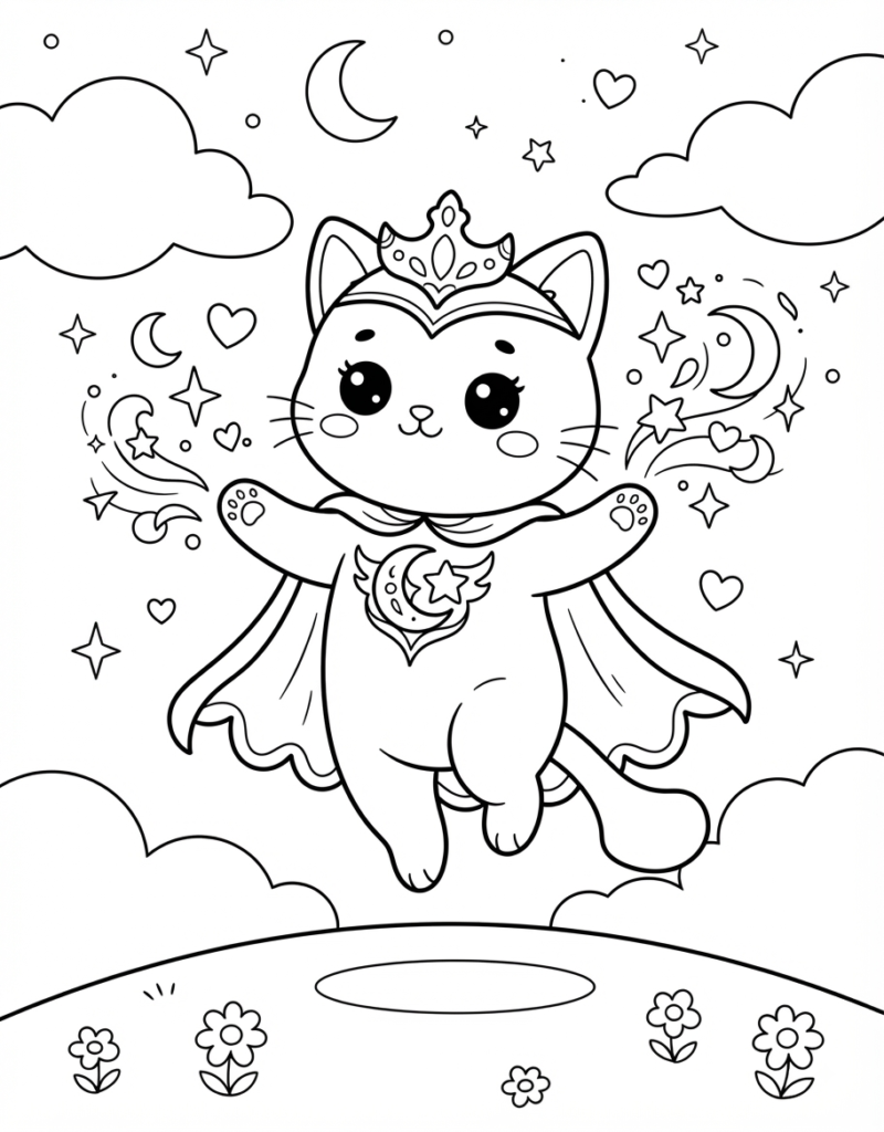 Coloring page of a superhero kitten wearing a crown with sparkling stars, hearts, and moons swirling from its paws under a night sky