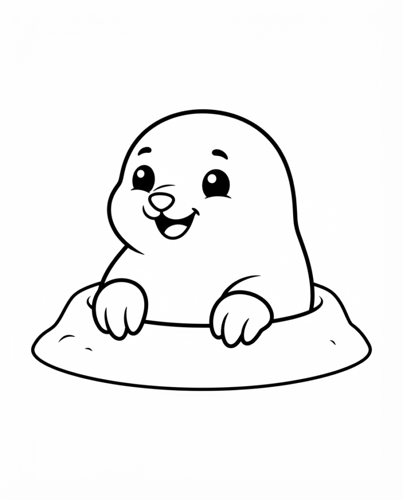 Mole coloring page with a mole peeking out from its underground mound