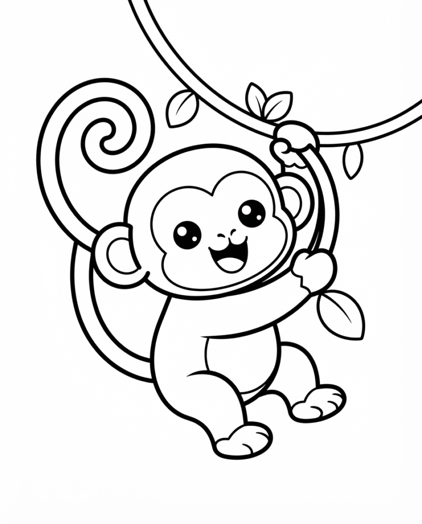 Monkey coloring page with a monkey hanging from a jungle vine