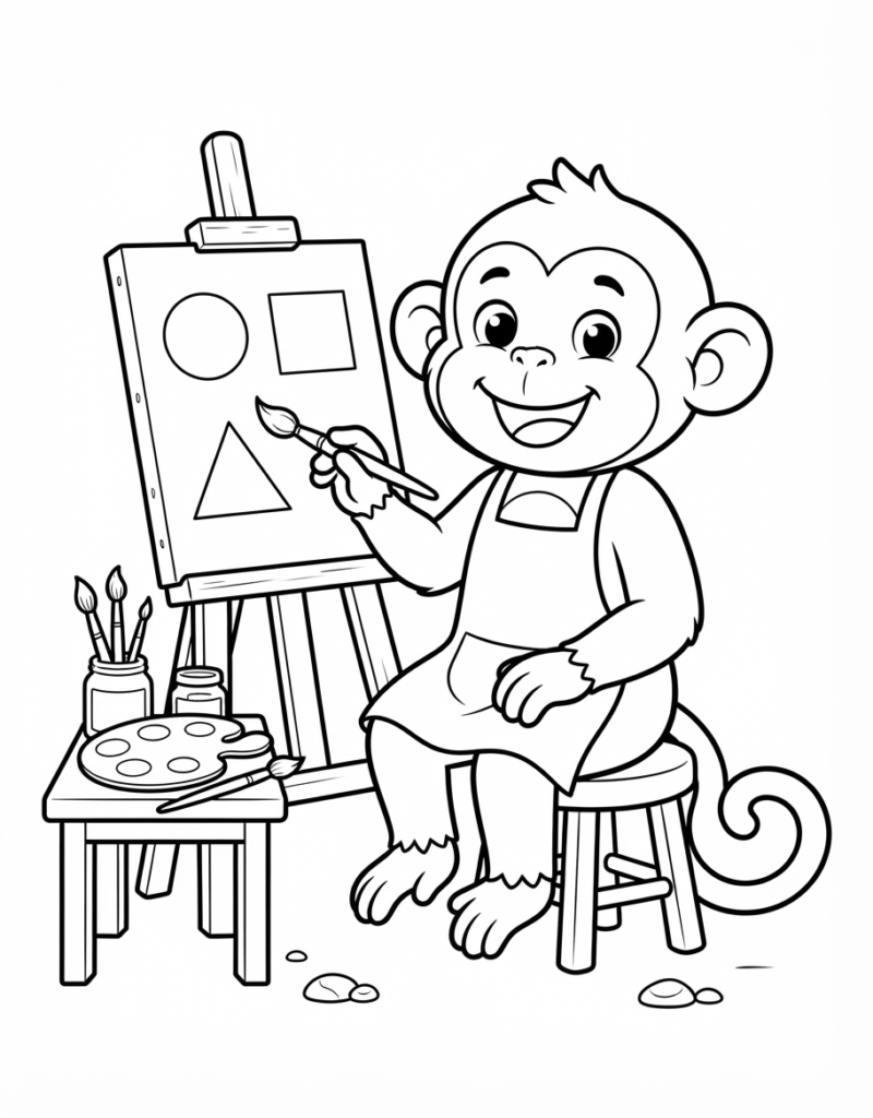 Coloring page of a monkey artist at an easel painting a circle, square, and triangle, with a paint palette and brushes nearby