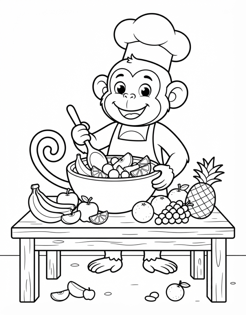 Coloring page of a monkey chef stirring a bowl of fruit salad with bananas, apples, oranges, and grapes, a pineapple on the table