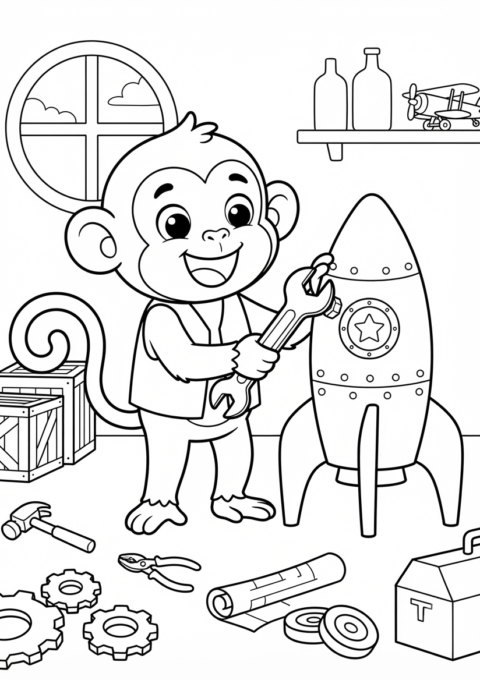 Monkey Building a Rocket Coloring Page