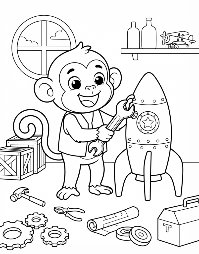 Coloring page of a monkey using a wrench to build a rocket with a star emblem, surrounded by tools, gears, and blueprints in a workshop