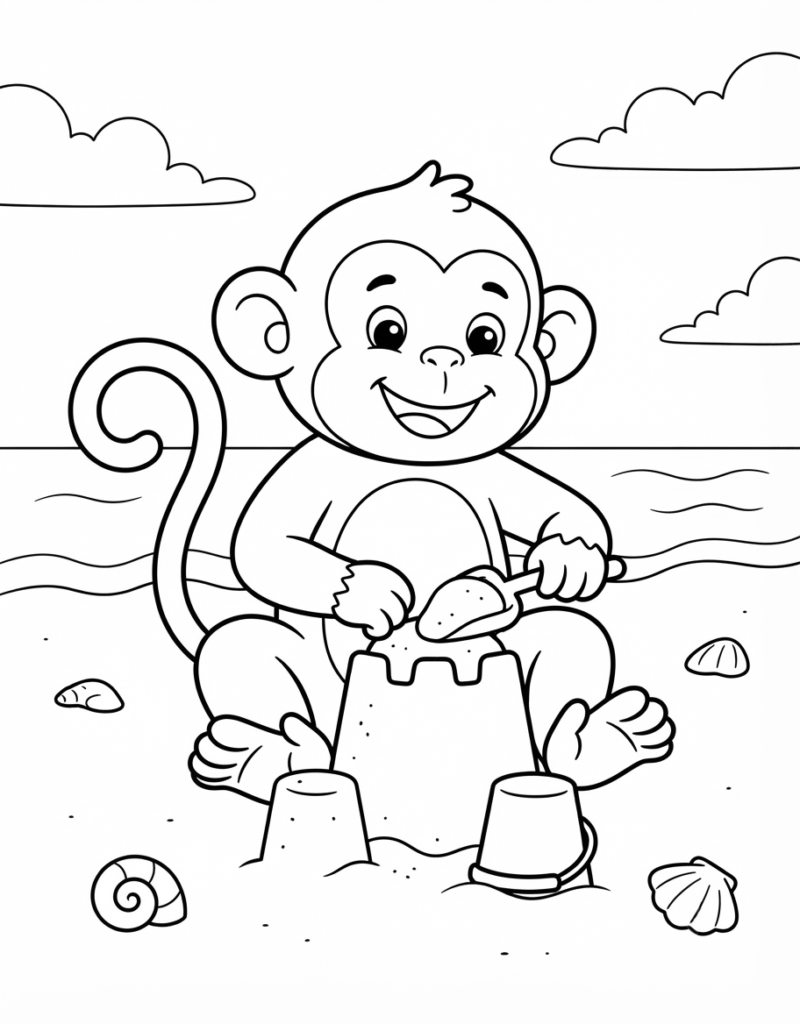 Coloring page of a monkey building a sandcastle on the beach with a shovel and bucket, shells scattered nearby, ocean in the background