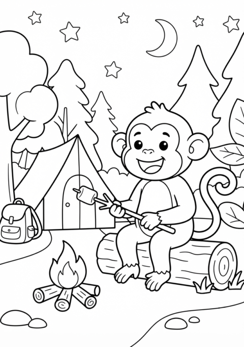 Coloring page of a monkey roasting a marshmallow over a campfire at night, with a tent, backpack, pine trees, stars, and a crescent moon