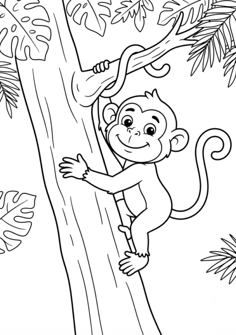 Monkey Climbing a Tree Coloring Page