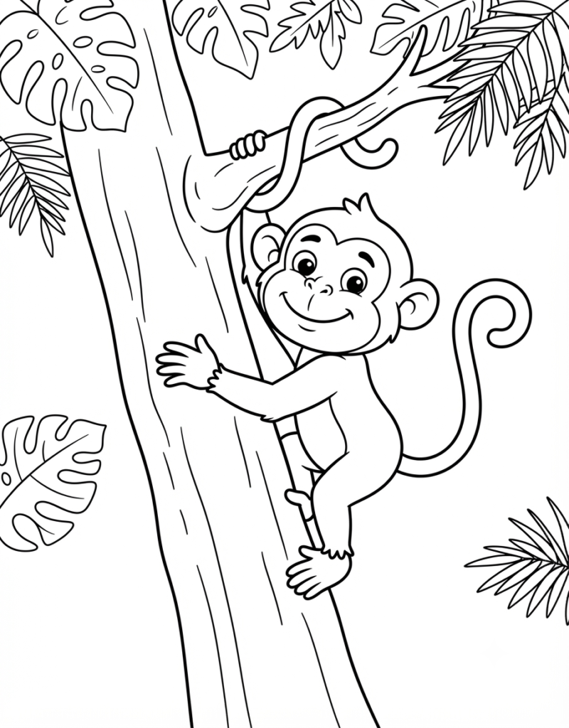 Coloring page of a monkey climbing a tree trunk, gripping with hands and feet, tail wrapped around a branch above