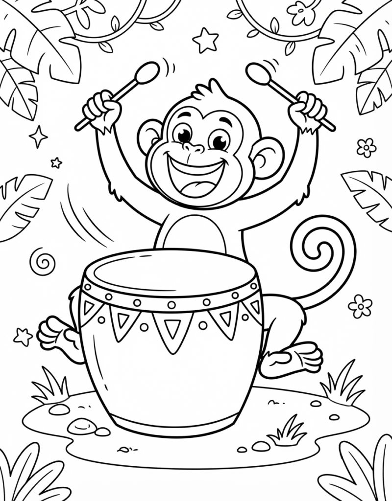 Coloring page of an excited monkey playing a large decorated drum with two drumsticks raised, jungle leaves and stars around it