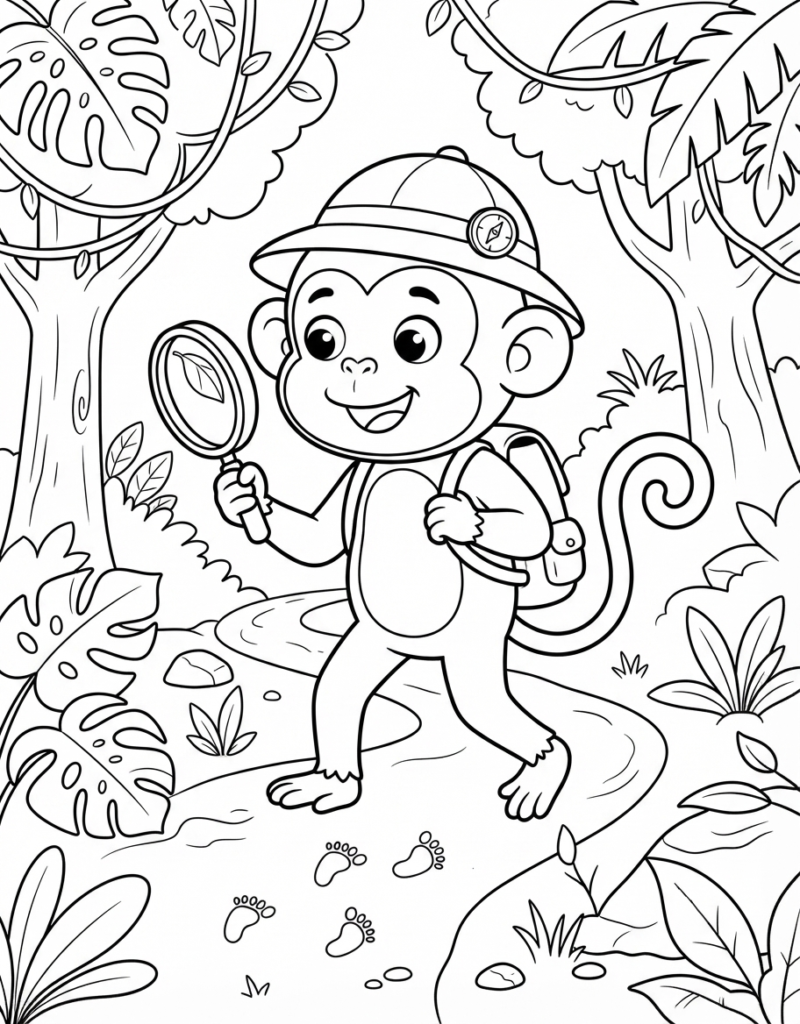 Coloring page of a monkey explorer in a safari hat and backpack following a trail of footprints through dense jungle plants