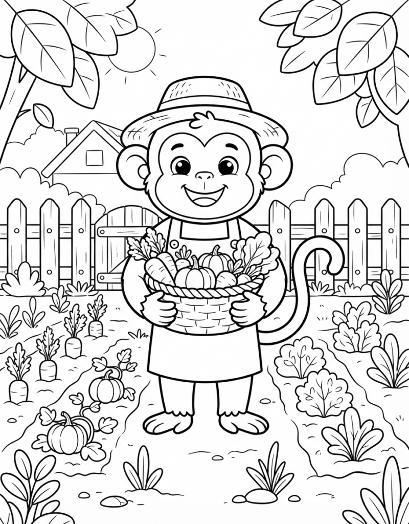 Coloring page of a monkey farmer in a straw hat holding a basket of carrots and pumpkins in a vegetable garden with a fence