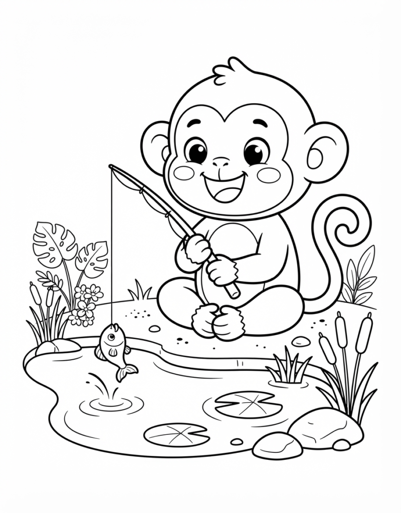 Coloring page of a monkey fishing at a pond, catching a jumping fish on the line, with lily pads and cattails nearby