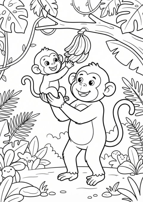 Monkey Helping a Baby Monkey Coloring Page