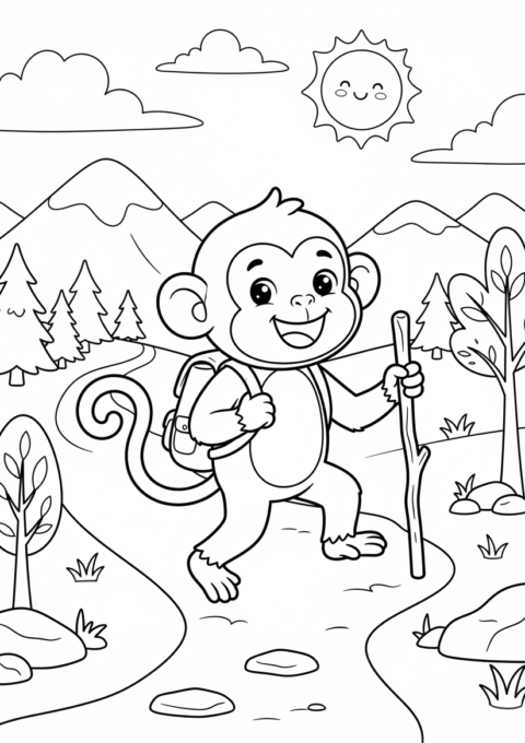 Monkey Hiking Adventure Coloring Page